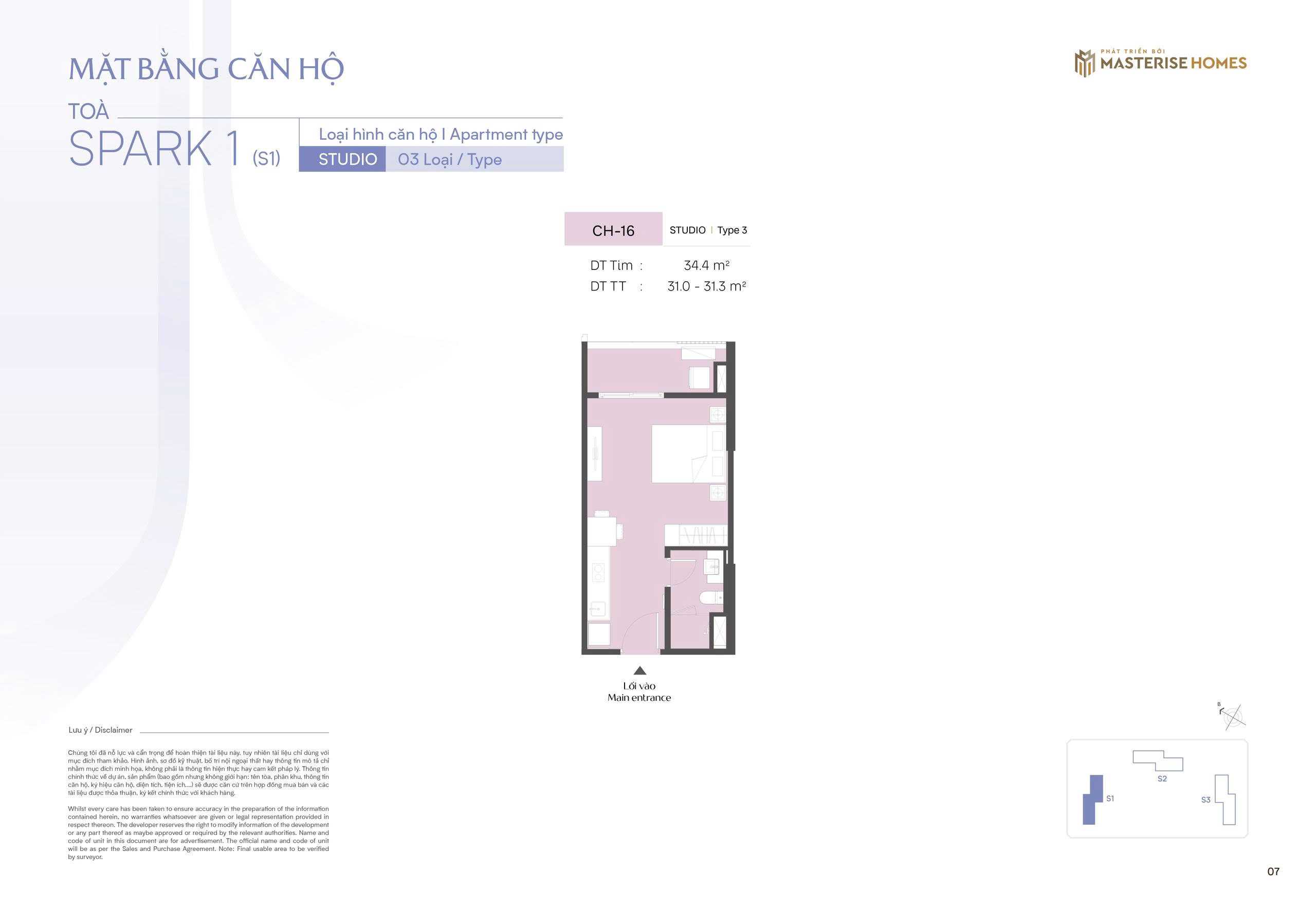Thiết kế căn Studio căn hộ CH16 toà S1 The Spark Masteri Era Landmark Ocean Park 3