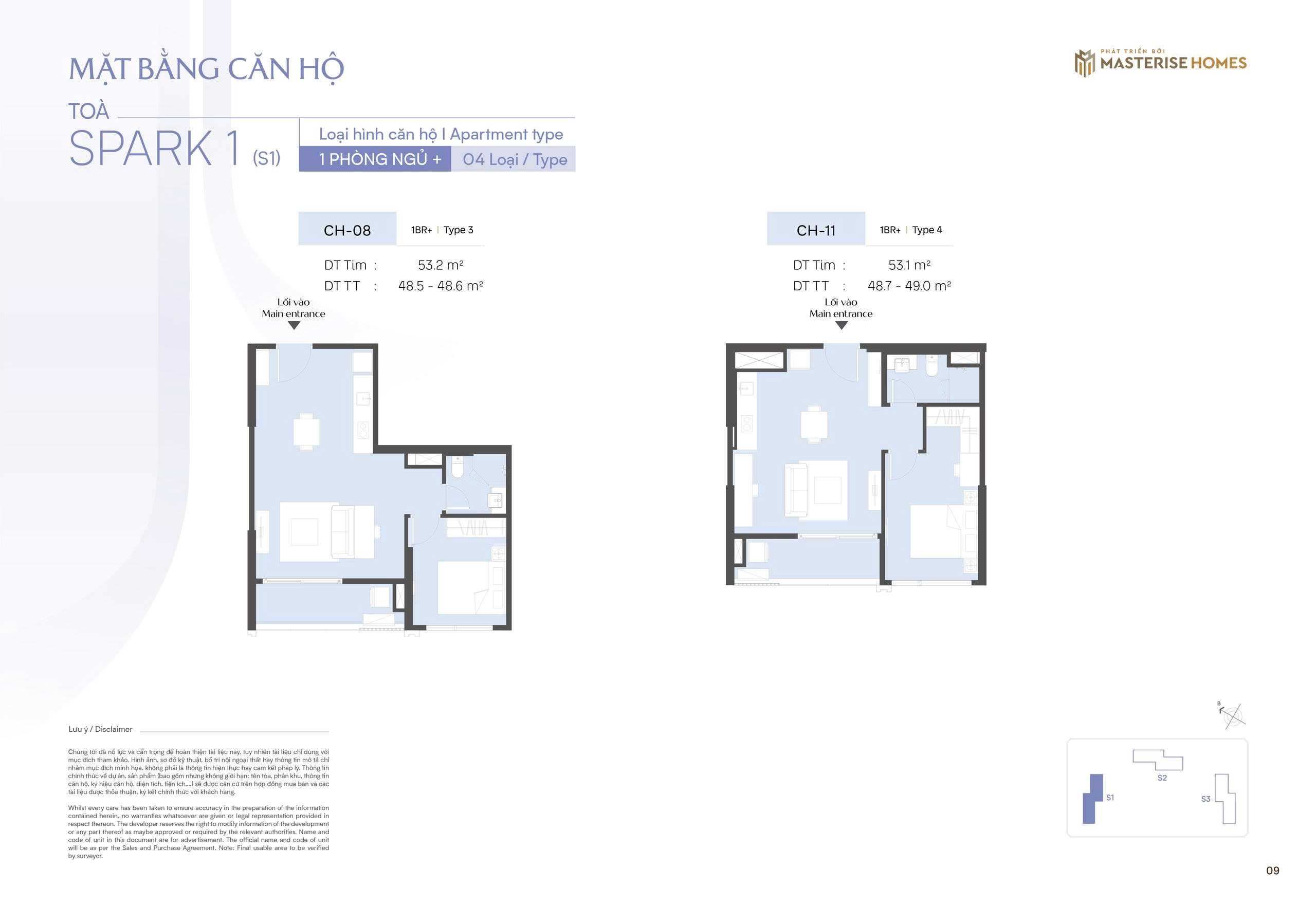 Thiết kế căn hộ 1 ngủ + CH08 & CH11 toà S1 The Spark Masteri Era Landmark Ocean Park 3