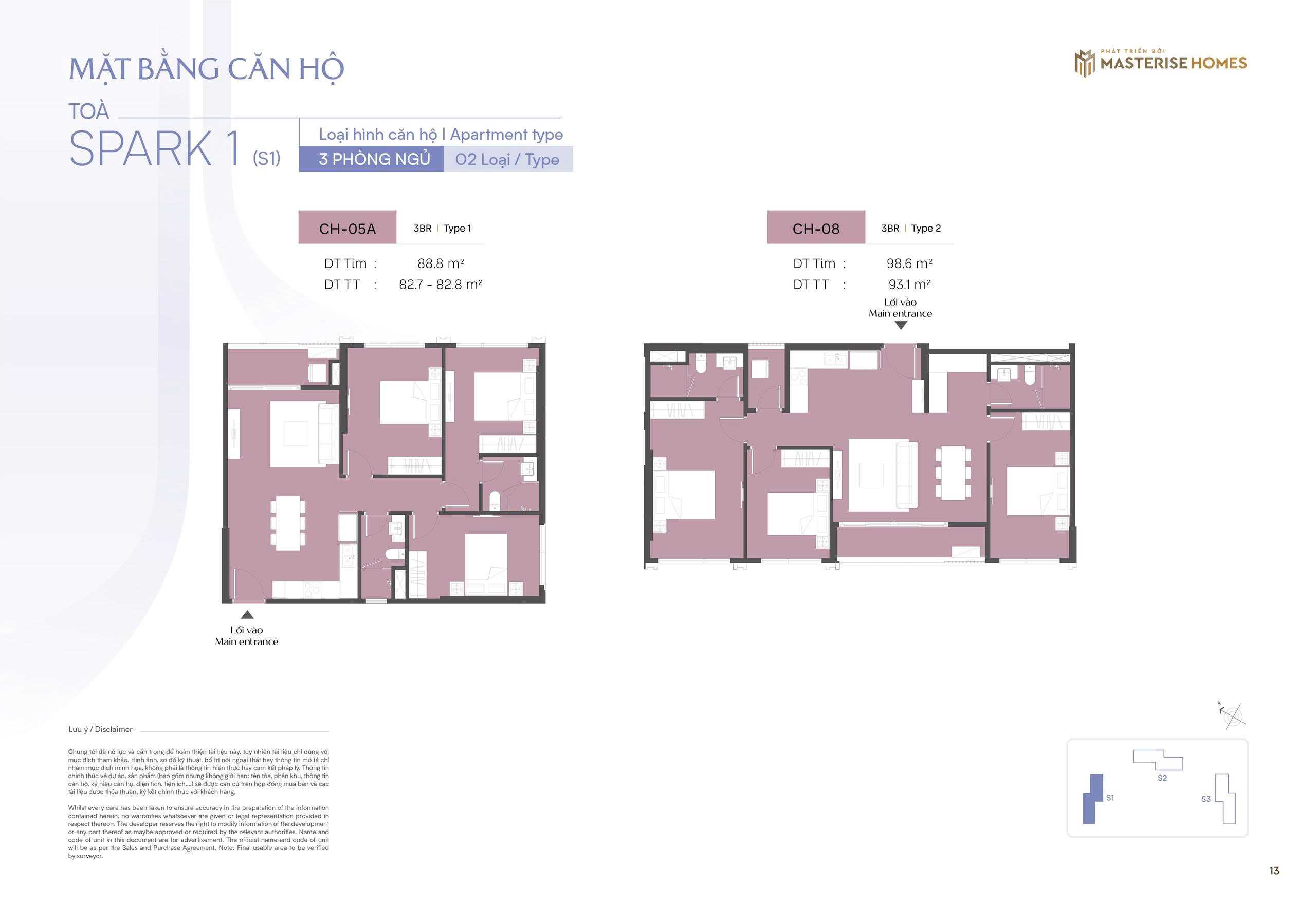 Thiết kế căn hộ 3 ngủ CH05A & CH08 toà S1 The Spark Masteri Era Landmark Ocean Park 3