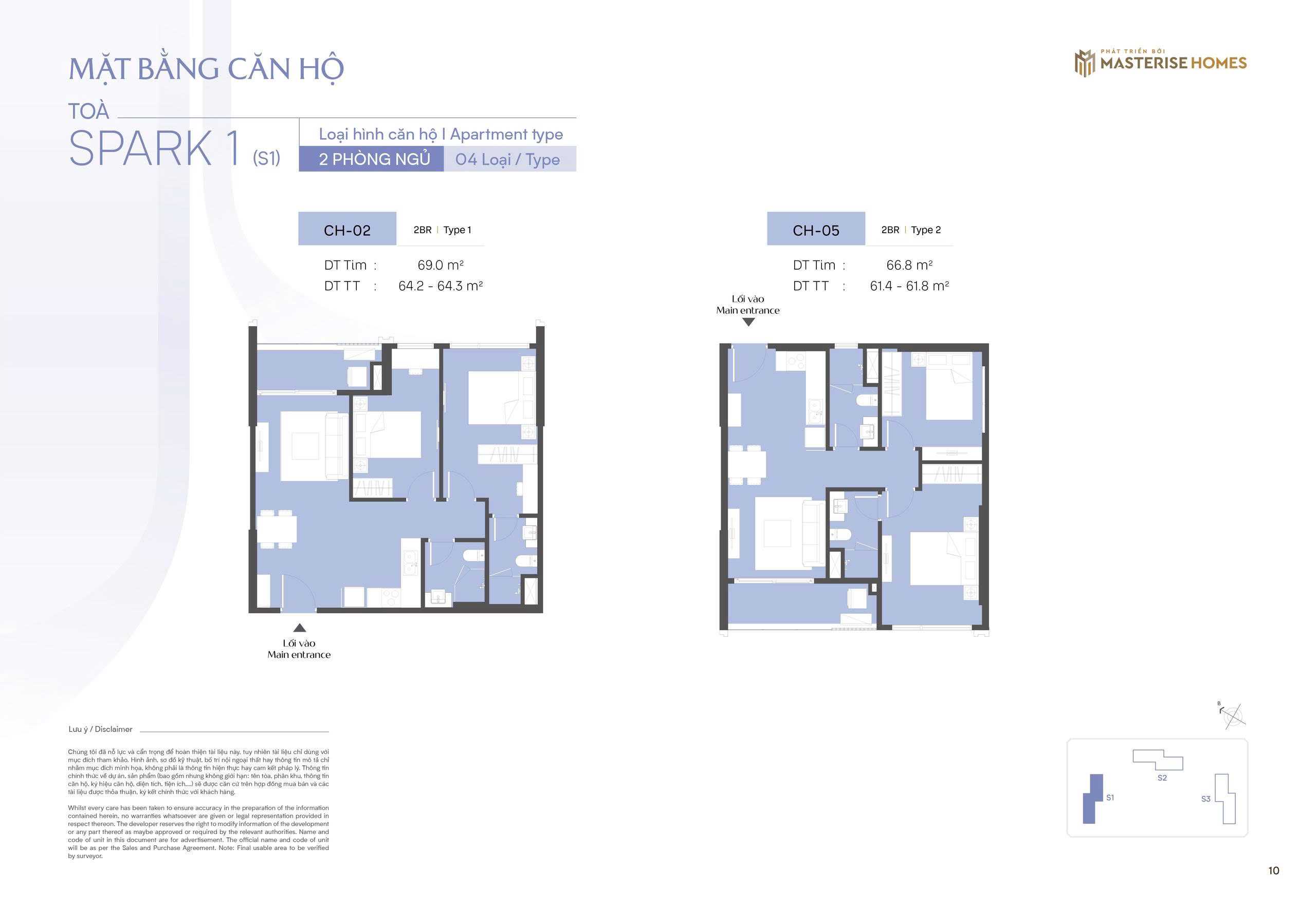 Thiết kế căn hộ 2 ngủ CH05 toà S1 The Spark Masteri Era Landmark Ocean Park 3