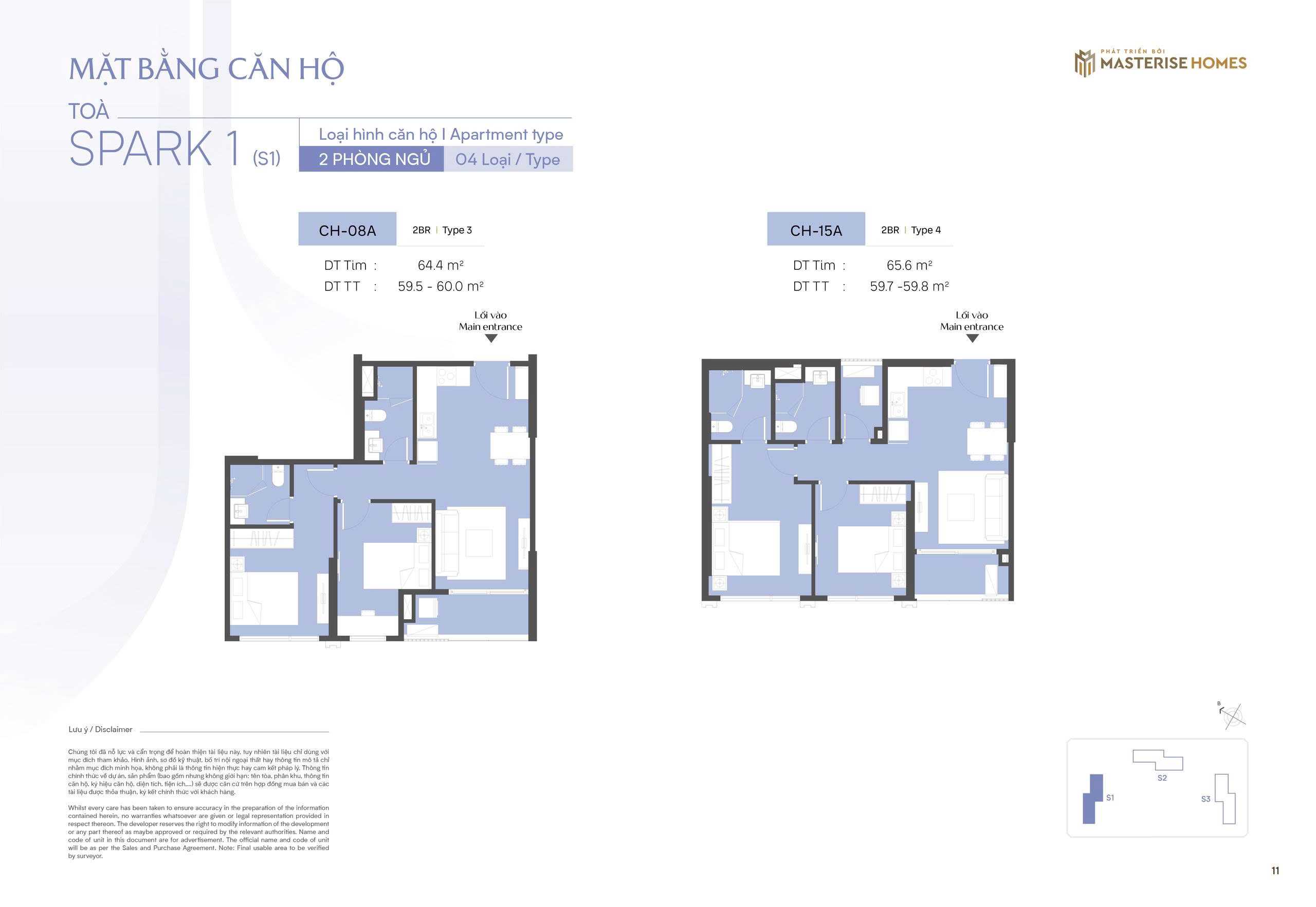 Thiết kế căn hộ 2 ngủ CH08A & CH15A toà S1 The Spark Masteri Era Landmark Ocean Park 3