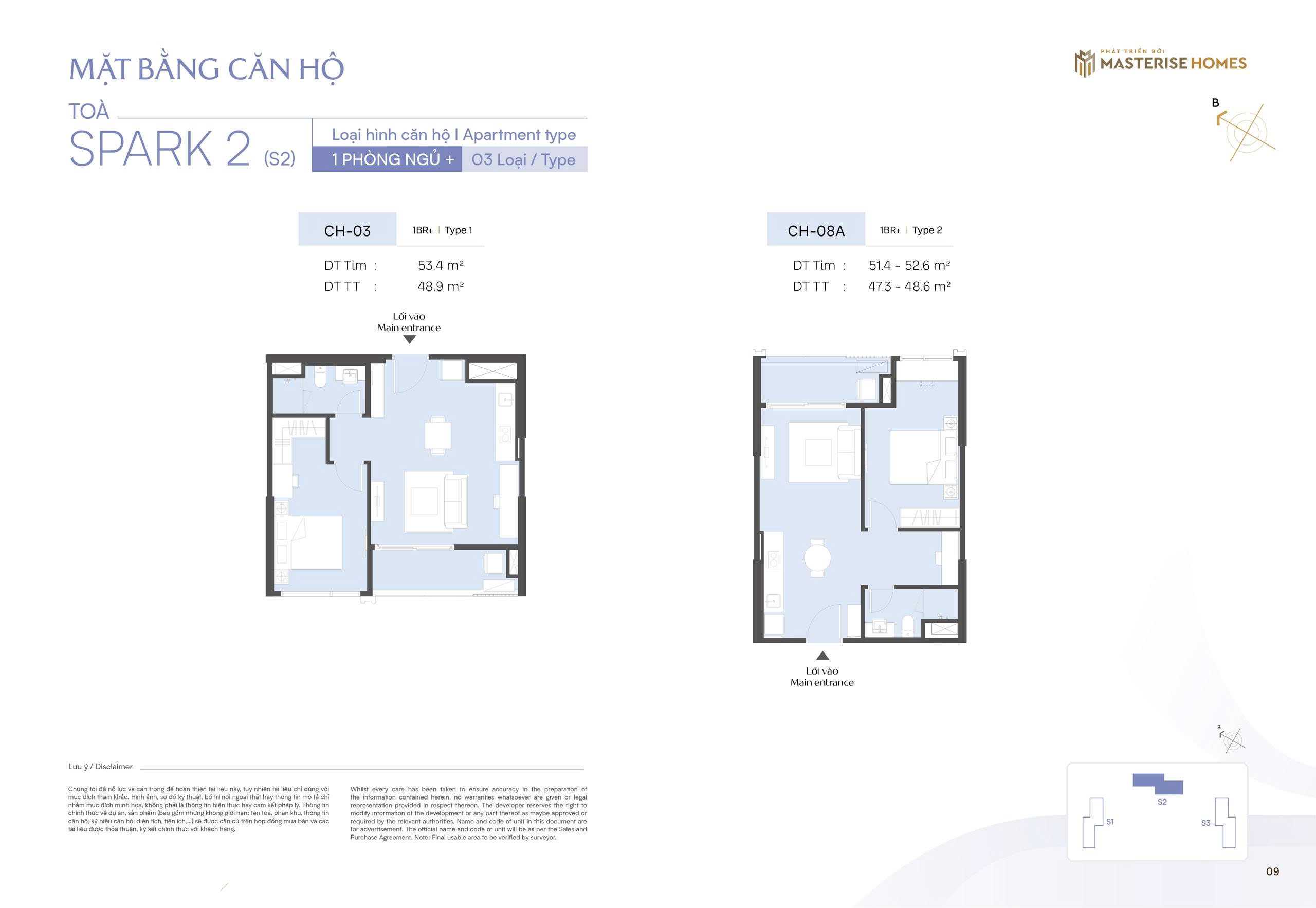 Thiết kế căn hộ 1 ngủ+ CH03, CH08A toà S2 The Spark Masteri Era Landmark Ocean Park 3