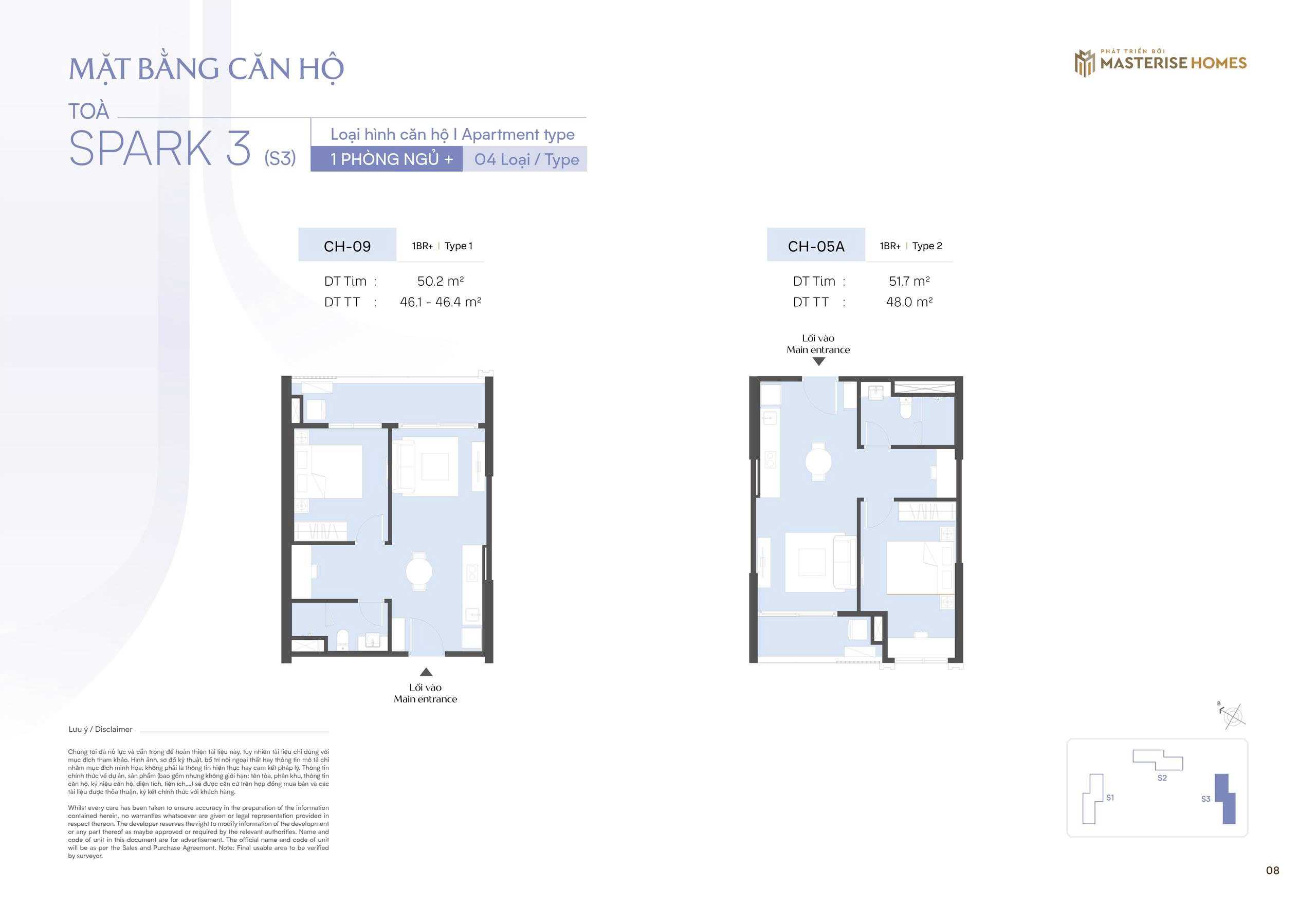 Thiết kế căn hộ 1 ngủ+ CH09, CH05A toà S3 The Spark Masteri Era Landmark Ocean Park 3