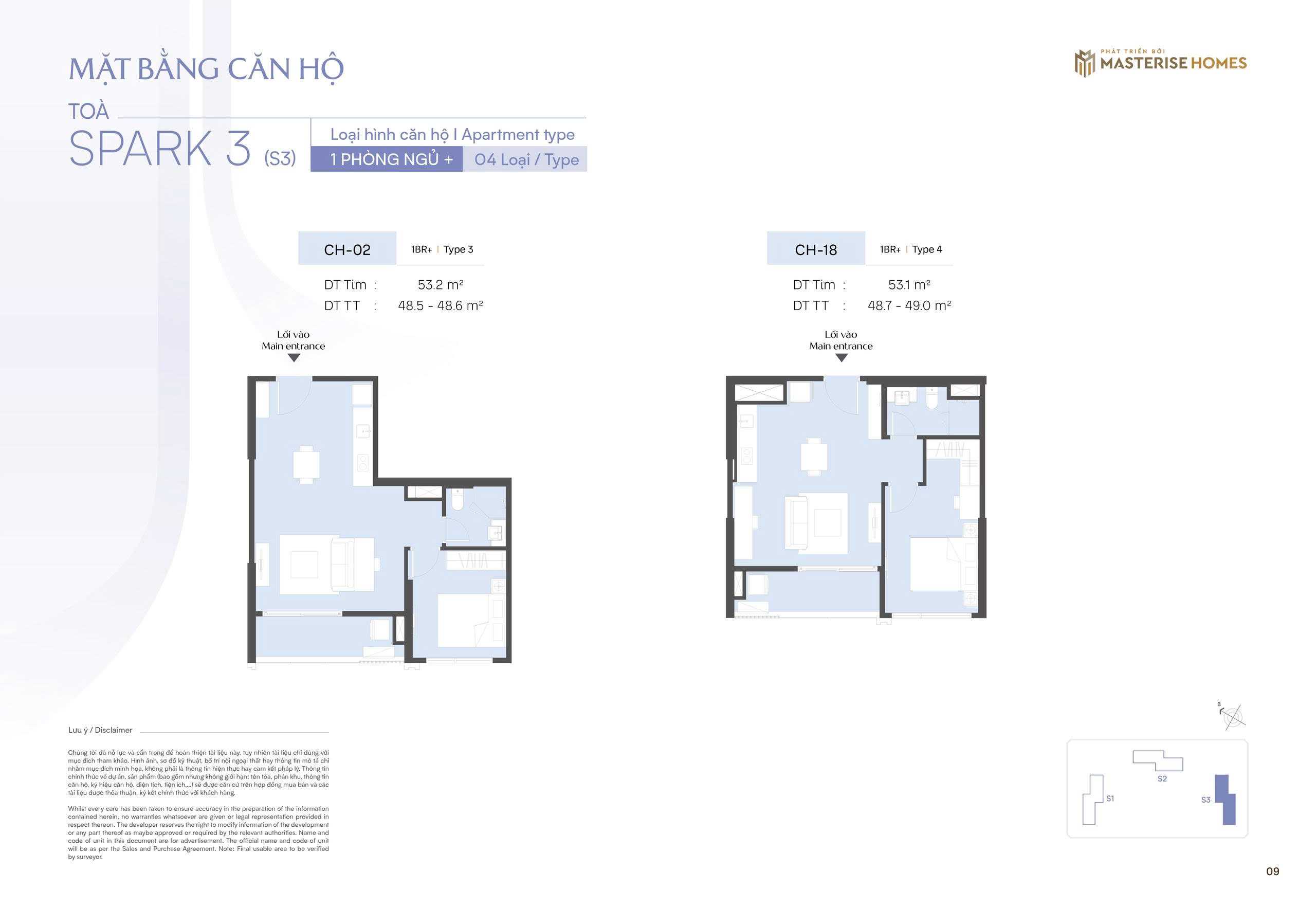 Thiết kế căn 1 ngủ+ Ch02, Ch18 toà S3 Masteri Era Landmark Ocean Park 3