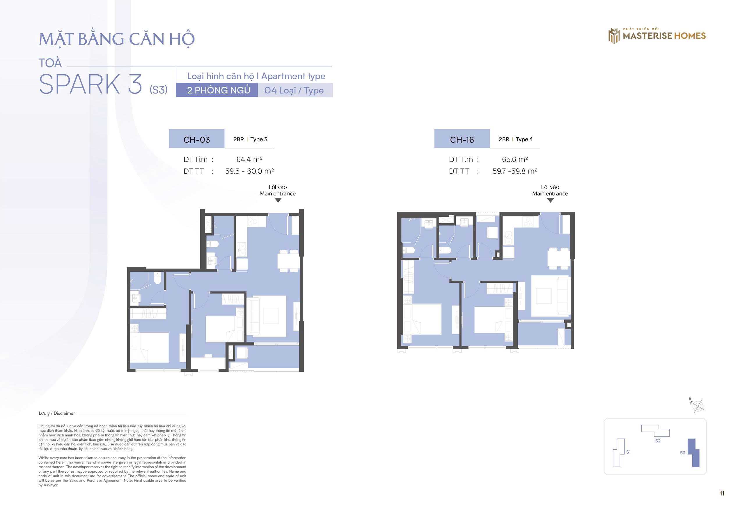 Thiết kế căn hộ 2 ngủ CH03, CH16 toà S3 The Spark Masteri Era Landmark Ocean Park 3