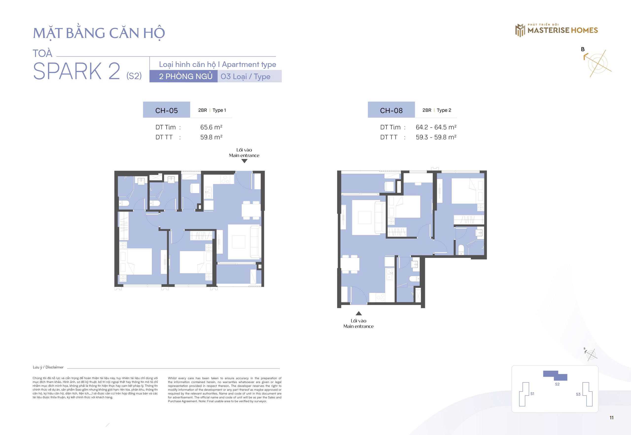 Thiết kế căn hộ 2 ngủ CH05, CH08 toà S2 The Spark Masteri Era Landmark Ocean Park 3