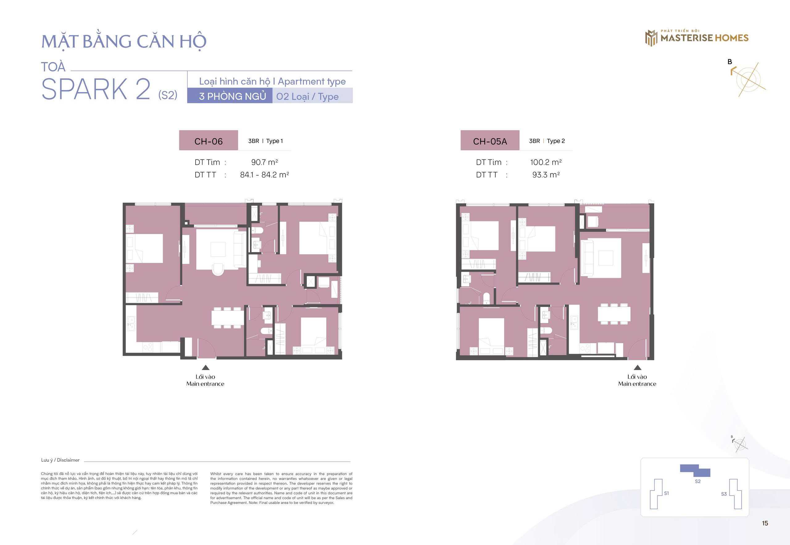 Thiết kế căn hộ 3 ngủ CH06 toà S2 The Spark Masteri Era Landmark Ocean Park 3