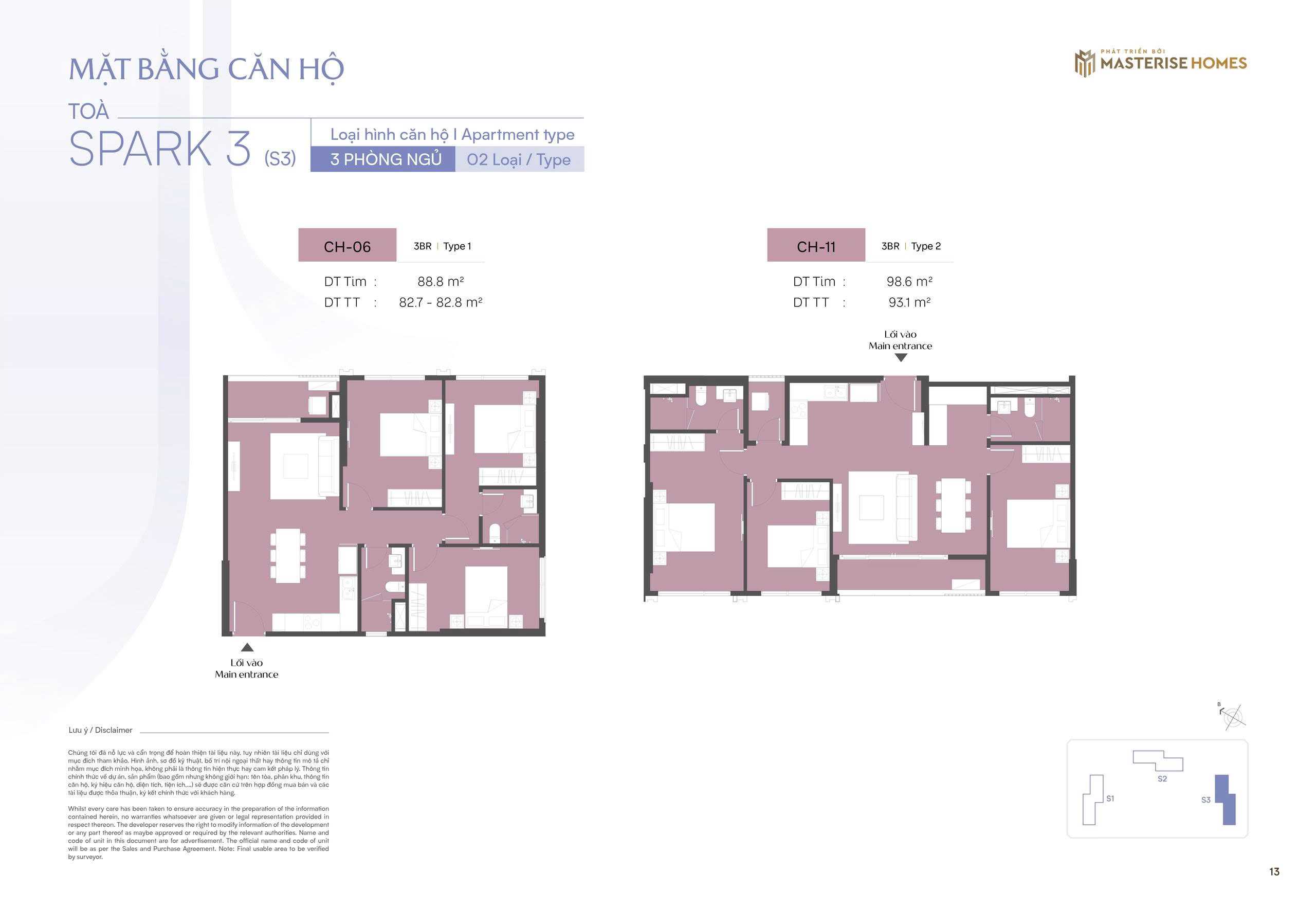 Thiết kế căn hộ 3 ngủ CH06 toà S3 The Spark Masteri Era Landmark Ocean Park 3