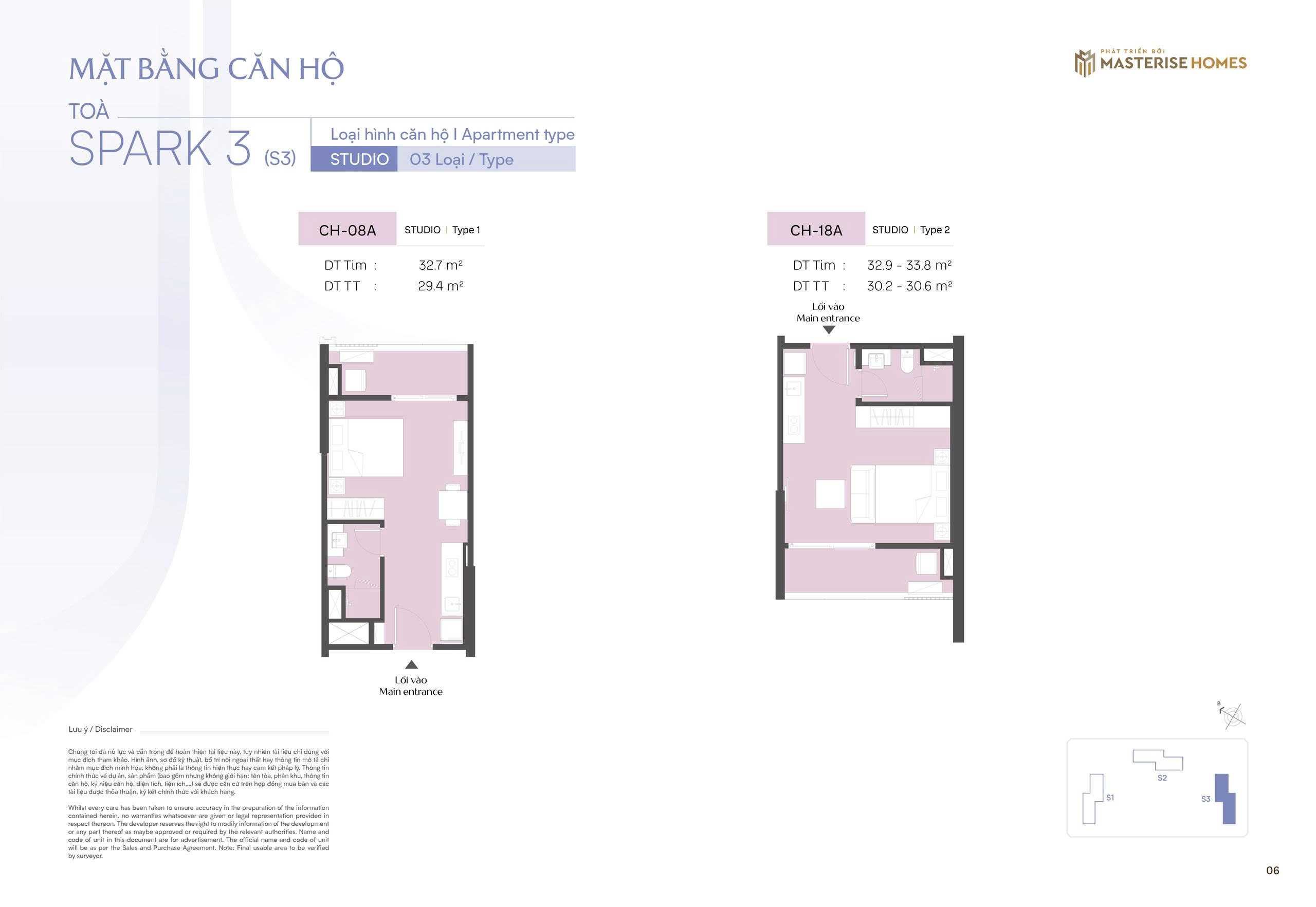 Thiết kế căn Studio CH08A, CH18A toà S3 The Spark Masteri Era Landmark OCean Park 3
