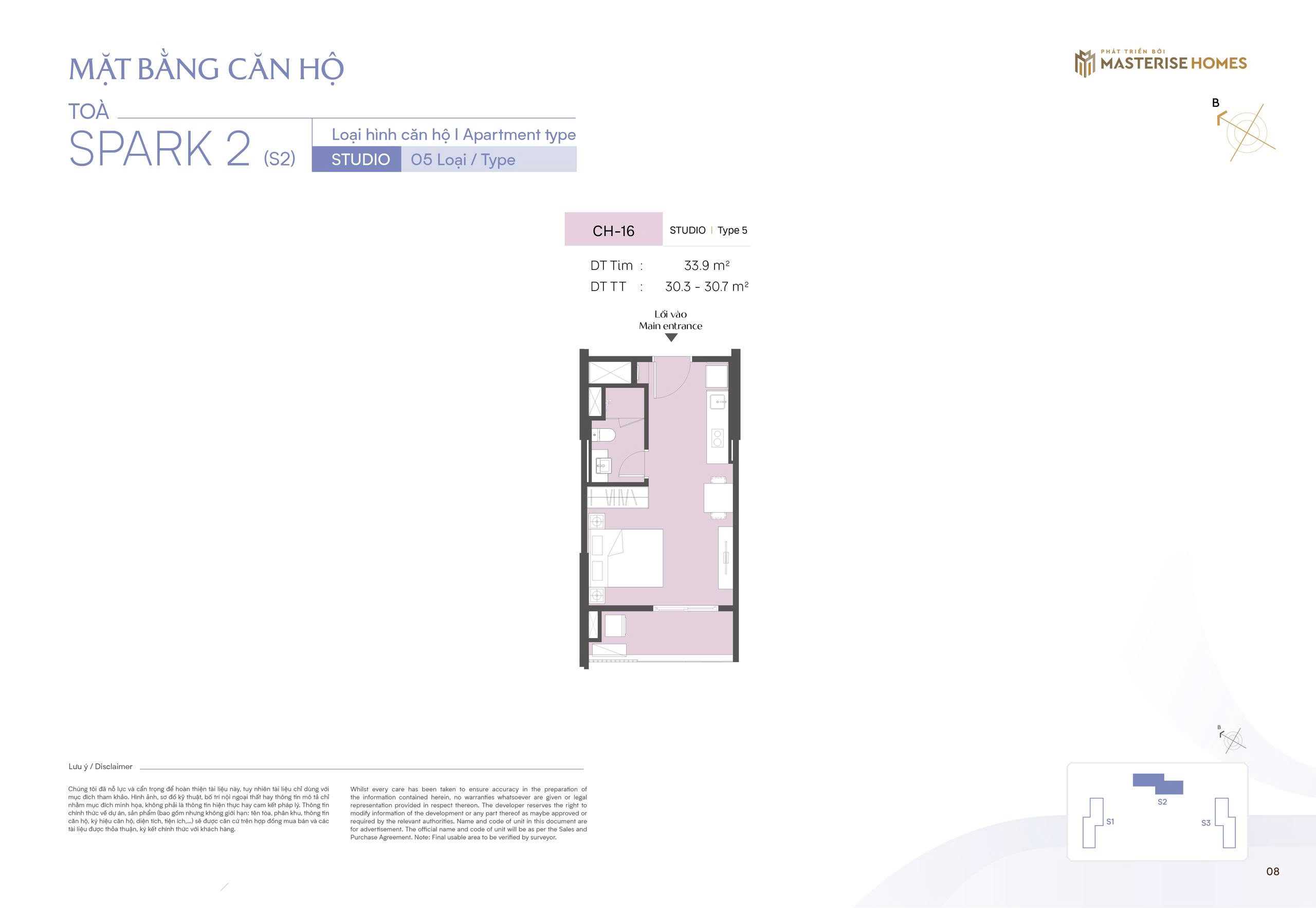 Thiết kế căn Studio CH16 toà S2 The Spark Masteri Era Landmark Ocean Park 3