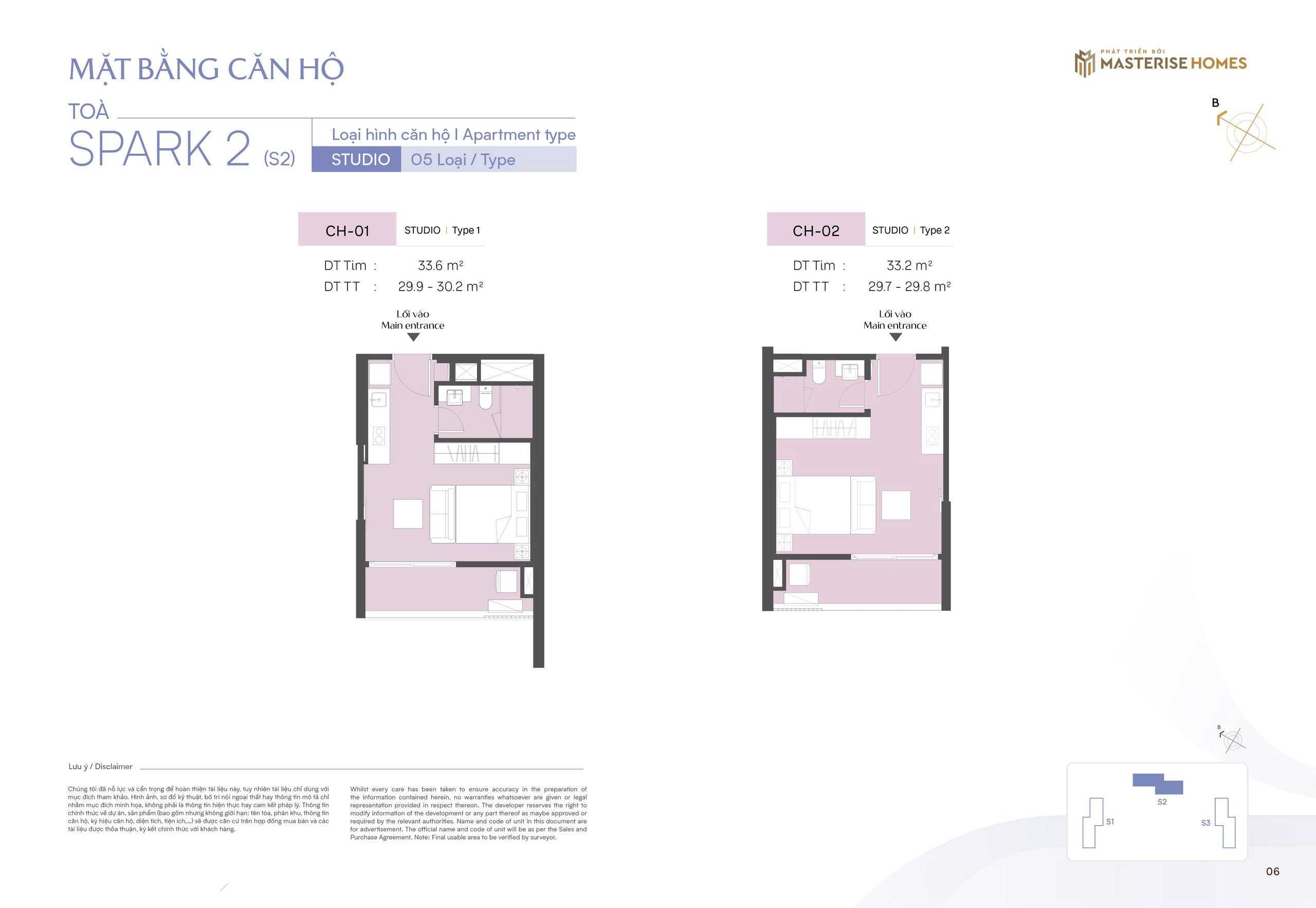 Thiết kế căn Studio CH01, CH01 toà S2 The Spark Masteri Era Landmark Ocean Park 3