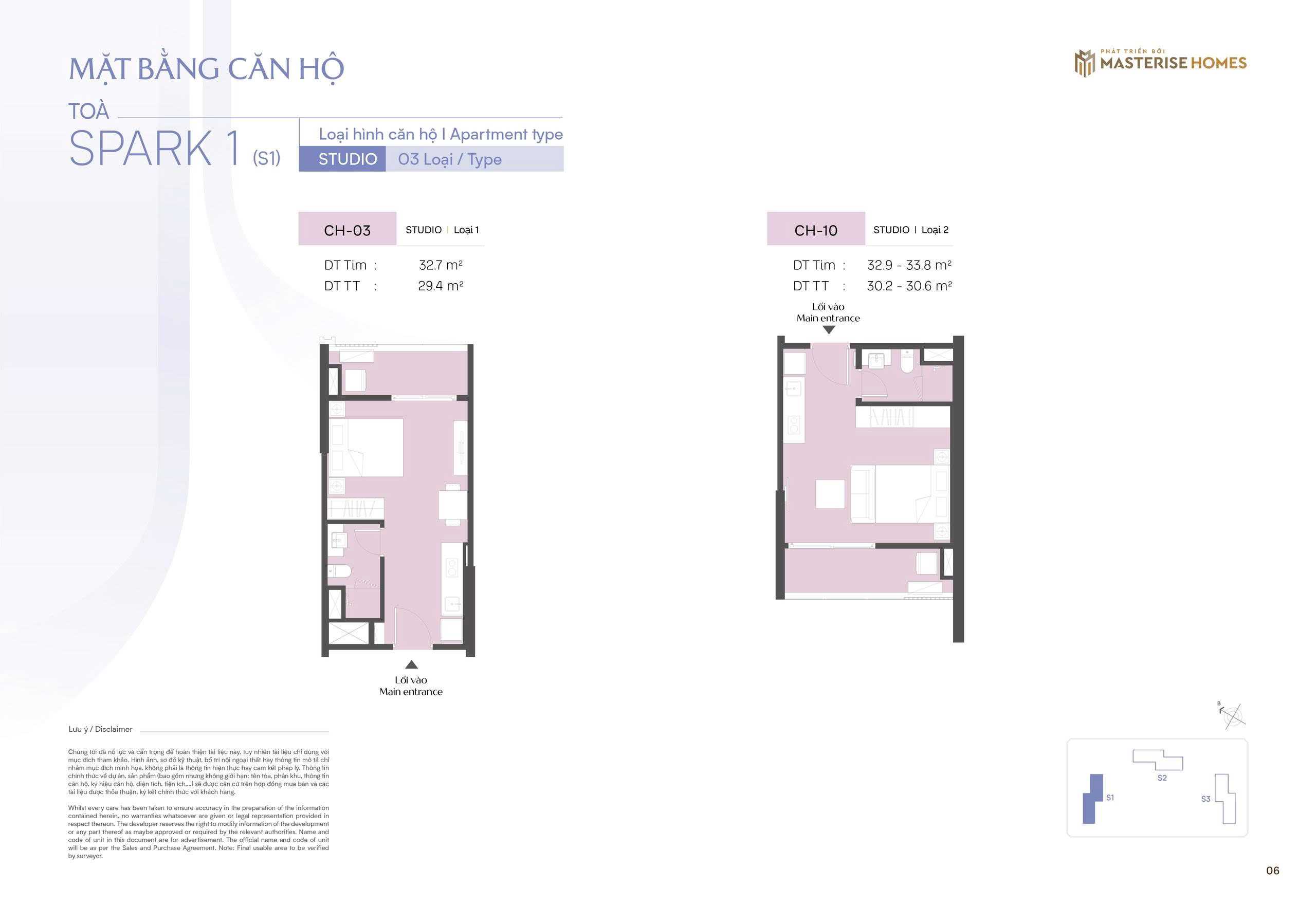 Thiết kế căn hộ Studio CH03 & CH10 toà S1 The Spark Masteri Era Landmark Ocean Park 3